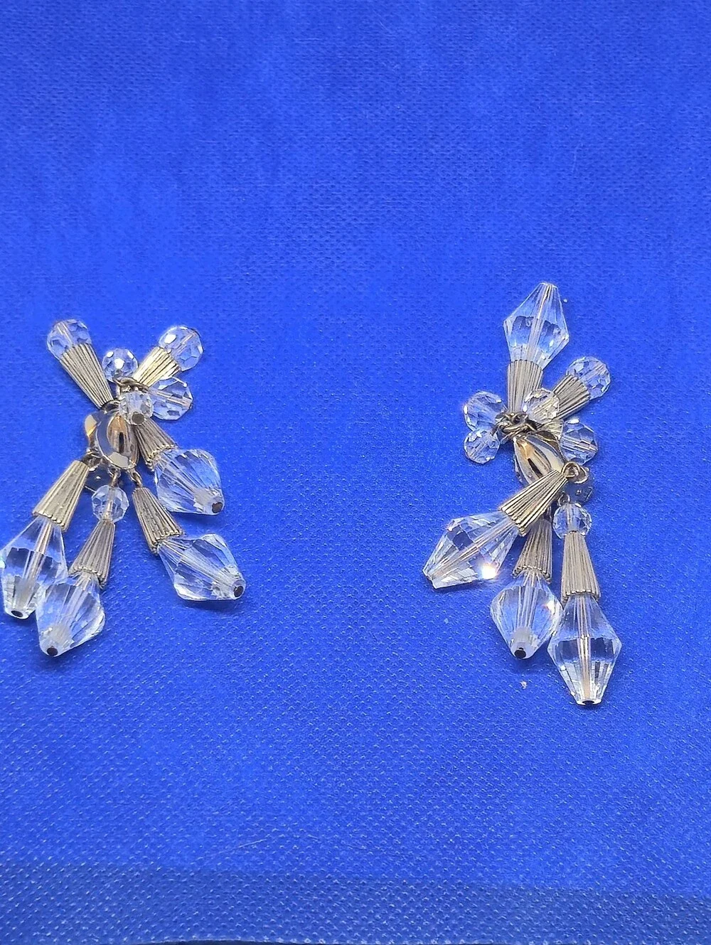 Vintage Napier Clear Crystal Glass Bead Waterfall Dangle Clipon Earrings Goldton